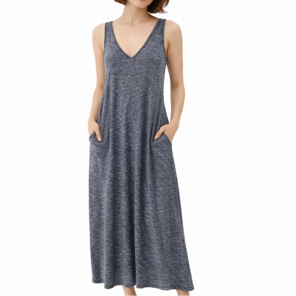 Lou‎ & Grey Blue White Striped Maxi Dress XS Cotton Knit A-Line V-Neck Pockets